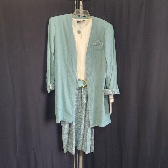 Vintage 80s 90s Teal Green Crinkle Midi Dress & Long Duster Jacket 2pc Set - Picture 1 of 16